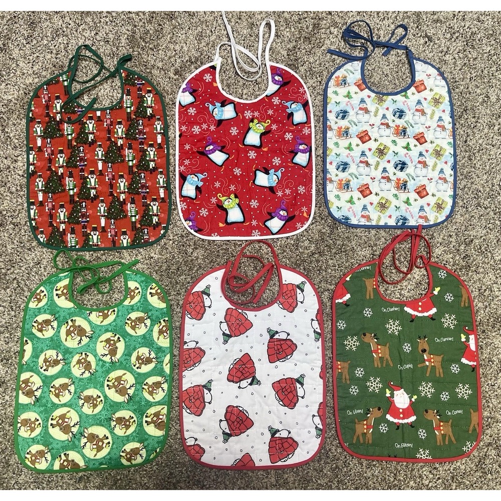 Lot Of 6 Quilted Handmade Christmas Baby Bib  Large Size‎ 12" X 9"